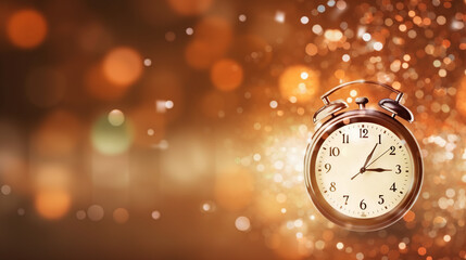 Fototapeta na wymiar A golden alarm clock, standing against a warm, festive bokeh background, Glittering wall clock on brown bokeh background