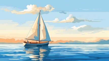 Naklejka premium Serene sailboat journey at sea, golden sunset hues, tranquil water reflections