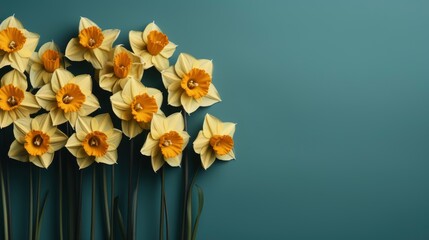 Yellow Narcissus Daffodil Flowers On Aquamarine, HD, Background Wallpaper, Desktop Wallpaper