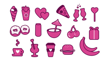 Set of fashionable stickers, cute colorful icons. burger, fast food, banana, heart, pizza. for print, banner, social networks. vector art illustration in flat style.