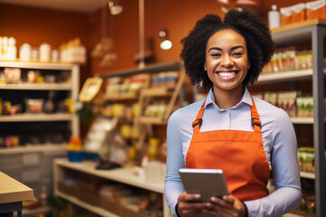 Modern Merchant: Grocery Store Owner Engaged with Tablet for Business Operations - obrazy, fototapety, plakaty