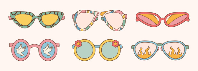 Sunglasses set in retro groovy hippie style. Different forms. Vector illustration 60s 70s