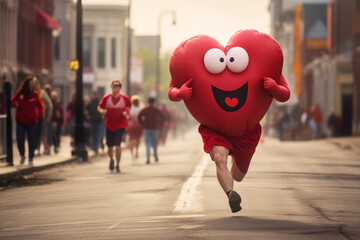 Character dressed as a red heart runs down the street with a marathon
