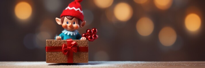 Christmas toy elf holding a gift box - obrazy, fototapety, plakaty
