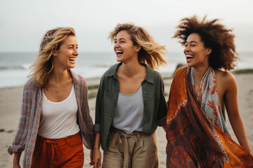 Fototapeta premium Coastal Bonding: Group of Women Revel in Beachside Walk Together