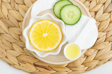 Lemon and cucumber slices for preparing homemade beauty mask and face toner. Natural beauty...