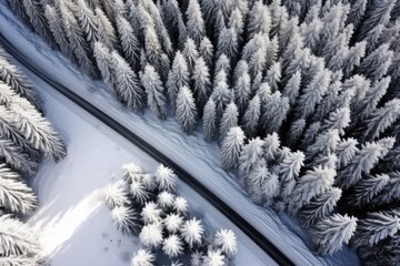 Top aerial view of snow landscape with trees. Natural landscape winter forest with fresh snow