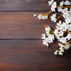 Fototapeta na wymiar Flowering branch with white delicate flowers on wooden surface. Declaration of love, spring. Wedding card, Valentine's Day greeting. Wedding background, ai technology