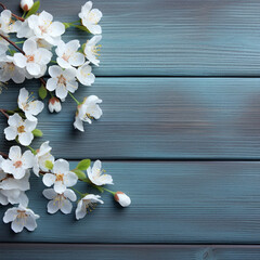 Flowering branch with white delicate flowers on wooden surface. Declaration of love, spring. Wedding card, Valentine's Day greeting. Wedding background, ai technology