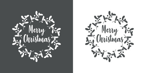 Logo con palabra en texto manuscrito Merry Christmas en silueta de corona navideña de hojas y bayas de acebo para tarjetas y felicitaciones