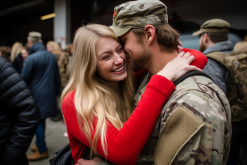 Fototapeta premium Homebound Joy: Emotional and Happy Military Homecoming Moment