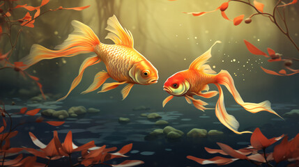 Gold carp fish lucky goldfish swimming in pool
