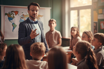 Elementary Wisdom: Male Educator Communicates with Students in Classroom Setting - obrazy, fototapety, plakaty
