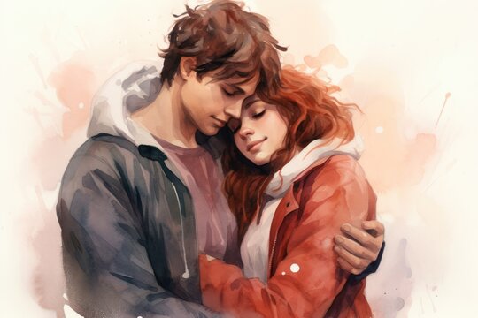Embrace of love, young man and woman in warm hug, watercolor illustration, intimate moment, romantic connection, love concept for Valentine's Day.