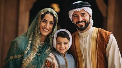 Picture of an Arab family dressed in national costumes, smiling, looking at the camera.