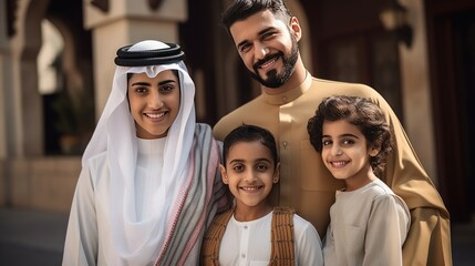 Obraz premium Picture of an Arab family dressed in national costumes, smiling, looking at the camera.