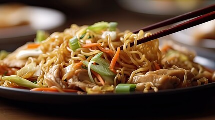 Chow mein: fried noodles with chicken and vegetables close-up - obrazy, fototapety, plakaty