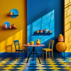 Interior of modern kitchen with blue and yellow walls, yellow and orange floor, 3d render