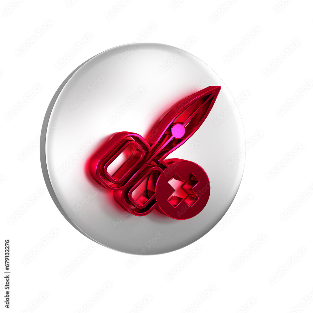 Poster red no scissors icon isolated on transparent background. silver circle button.