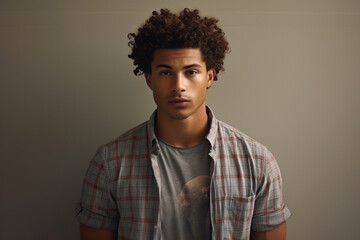 Fototapeta na wymiar Studio Stunner: Curly-Haired Man with Freckles Strikes a Pose