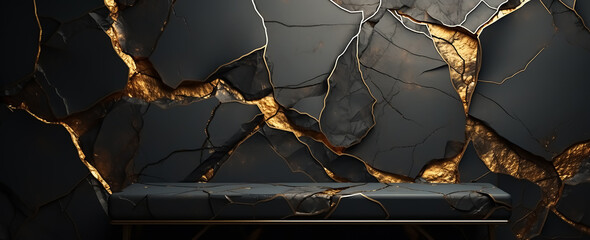 abstract black marble background with golden veins Japanese kintsugi technique fake painted artificial stone texture marbled surface digital marbling, background, illustration - obrazy, fototapety, plakaty