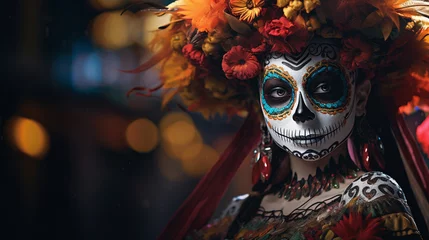 Fotobehang A participant displays her makeup and head dress at the Dia de los Muertos Day of the Dead festival © © Raymond Orton