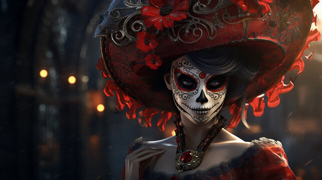 A participant displays her makeup and head dress at the Dia de los Muertos Day of the Dead festival