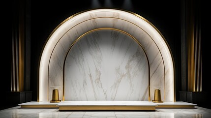 A white podium with thin gold cable arches - obrazy, fototapety, plakaty