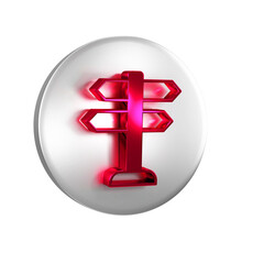 Red Road traffic sign. Signpost icon isolated on transparent background. Pointer symbol. Isolated street information sign. Direction sign. Silver circle button.