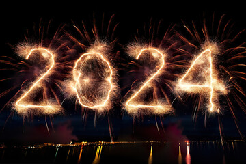 2024 sign new year's eve firework - obrazy, fototapety, plakaty