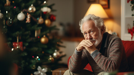 Sad And Lonley Senior man Unhappy About Spending Christmas At Home Alone - obrazy, fototapety, plakaty
