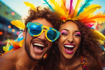 Joyful Brazilian Couple Celebrating in Vibrant Carnival Attire