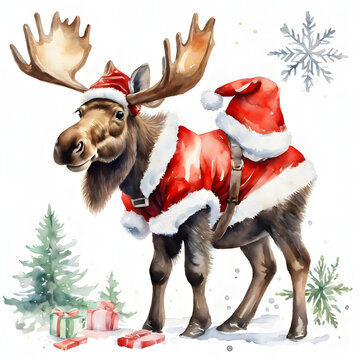Watercolor picture of a reindeer in Santa Claus costume.