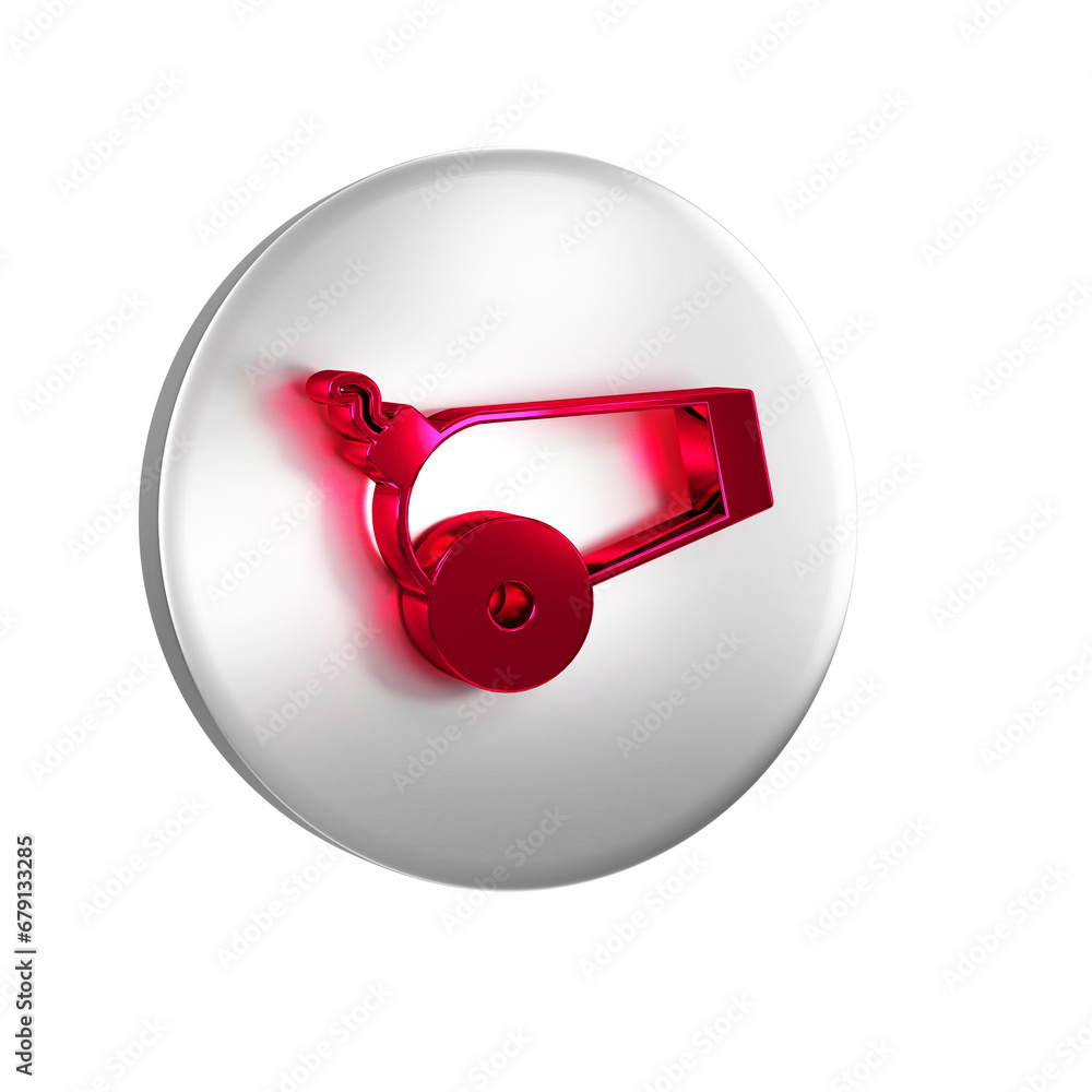 Poster red cannon icon isolated on transparent background. silver circle button.