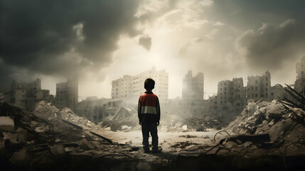 A young boy stand in front of Palestinian flag with destroy buildings,Generative by Ai.