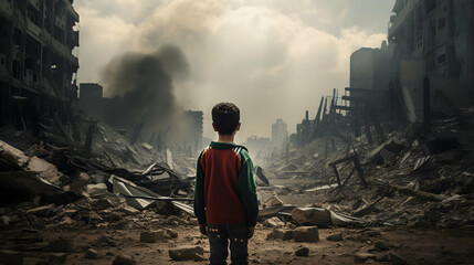 A young boy stand in front of Palestinian flag with destroy buildings,Generative by Ai. - obrazy, fototapety, plakaty