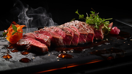 Wagyu beef steak, luxury japanese meat on black stone - 679133441