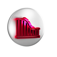 Red Roller coaster icon isolated on transparent background. Amusement park. Childrens entertainment playground, recreation park. Silver circle button.