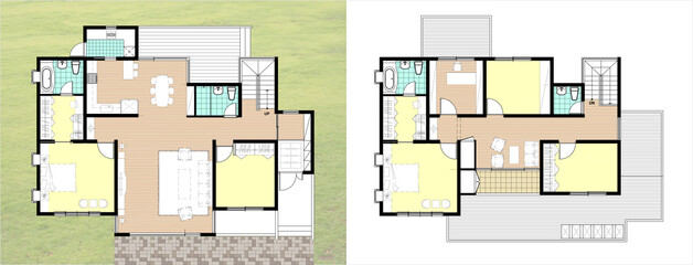 house with windows and flowers, background with squares, design template of house plan, 2d illustration of single house floor plan with color