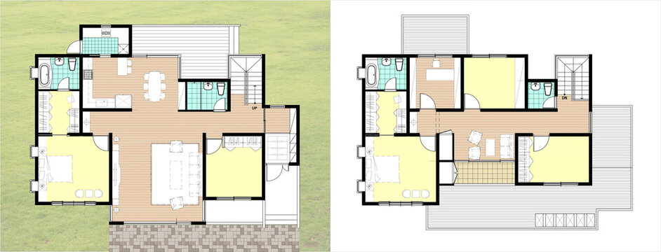 house with windows and flowers, background with squares, design template of house plan, 2d illustration of single house floor plan with color