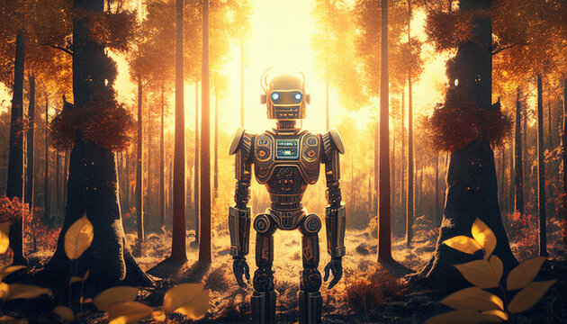 Gärtner macht Gartenpflege und Landschaftsbau im Herbst im Wald mit vielen bunten Blättern Roboter künstliche Intelligenz Berufe in Gefahr Generative AI 