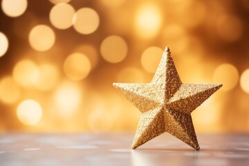 Fototapeta na wymiar Golden Christmas Star Ornament with Festive Bokeh Background