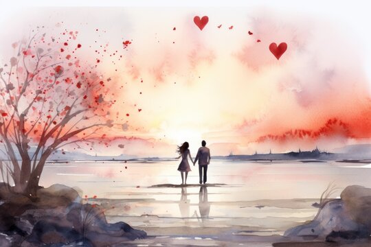 Watercolor couple holding hands, sunset with heart shaped leaves, romantic Valentine's Day scenery. Serene seascape and romantic scenery for Valentine's Day.