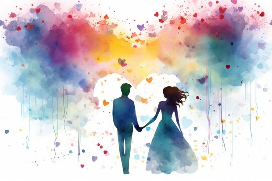 A dreamy watercolor portrait of a couple holding hands, a romantic and intimate image for Valentine's Day.