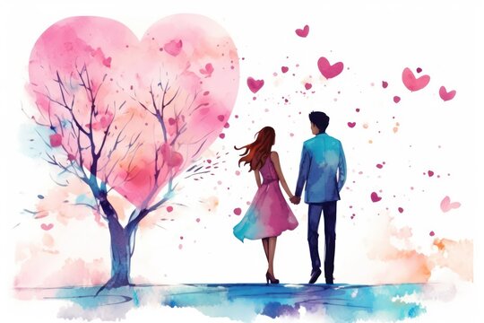 Watercolor couple with heart tree, pink shades, romantic Valentine's Day theme. Romantic Valentine's Day theme and Valentine's Day love concept