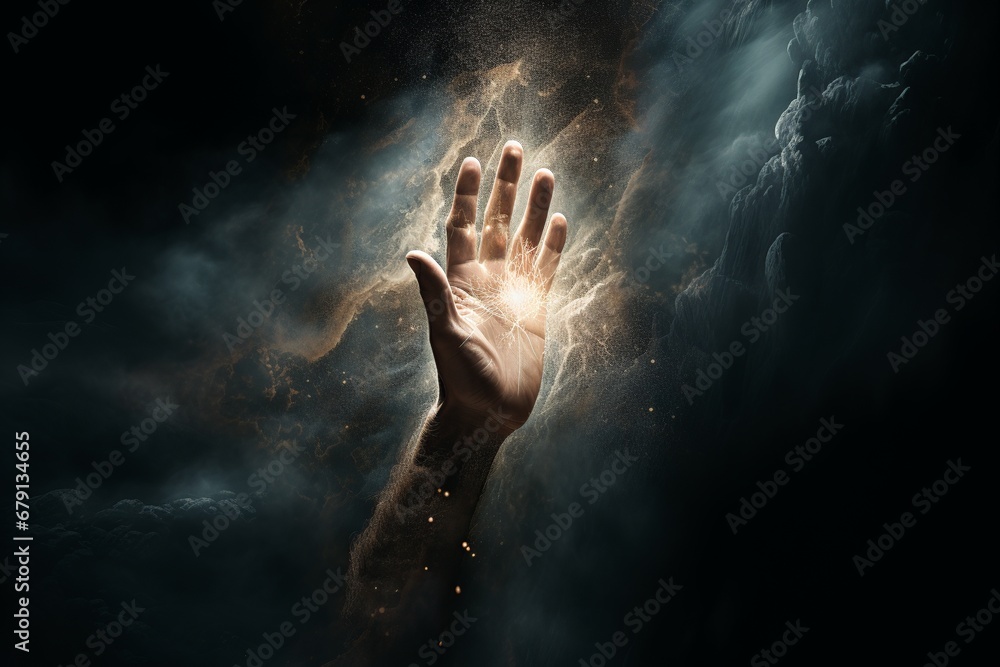 Wall mural Symbolic Image of Jesus' Hand Reaching Out Against Darkness