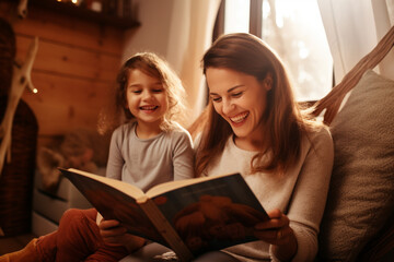 Joyful Storytime: Preschool Girl and Mom Share Laughter in Reading Session