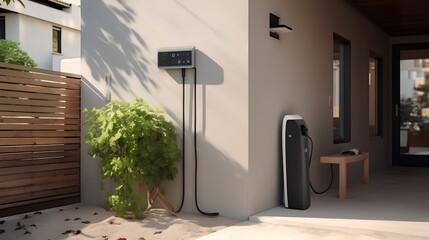 A modern private electric vehicle (EV) charging station installed at a residential home, featuring a dedicated power unit for convenient domestic plugin and charging of electric cars. - obrazy, fototapety, plakaty