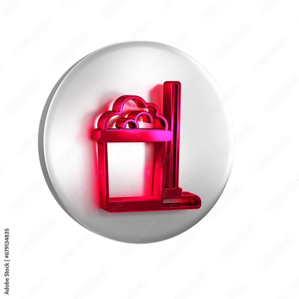 Poster red mop and bucket icon isolated on transparent background. cleaning service concept. silver circle 