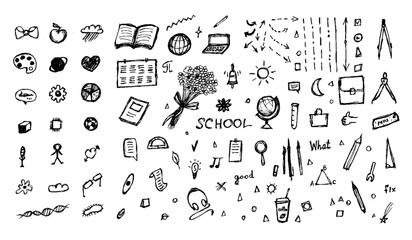 Education doodle set. Vector illustration of School Black scribbles on white background. Arrows, lines and signs for school-themed decoration. - obrazy, fototapety, plakaty